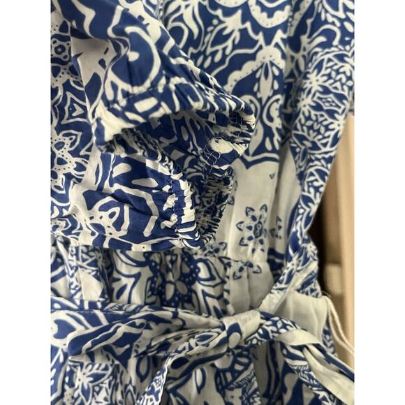 ZARA Belted Long Sleeve Mini Shirt Dress •L• Blue & White Flora Blogger Fave - Picture 7 of 10